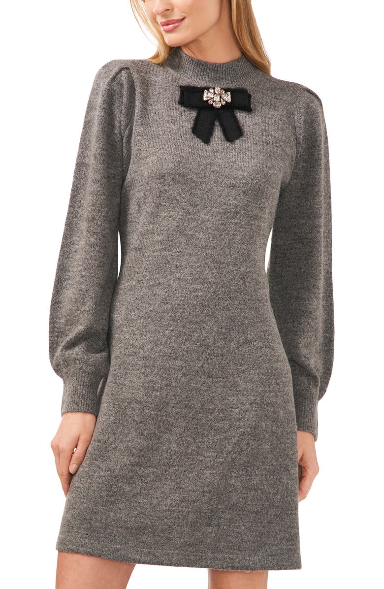 CeCe Crystal Bow Long Sleeve Mini Sweater Dress, Alternate, color, 