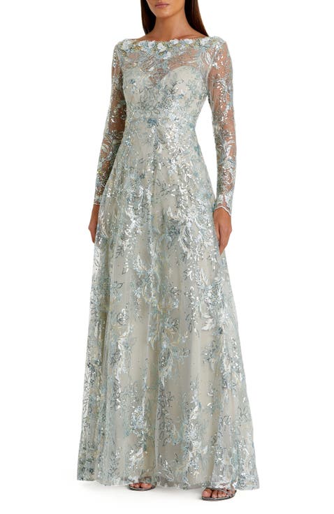 Floral Rhinestone Embroidered Sweetheart Illusion Long Sleeve Gown