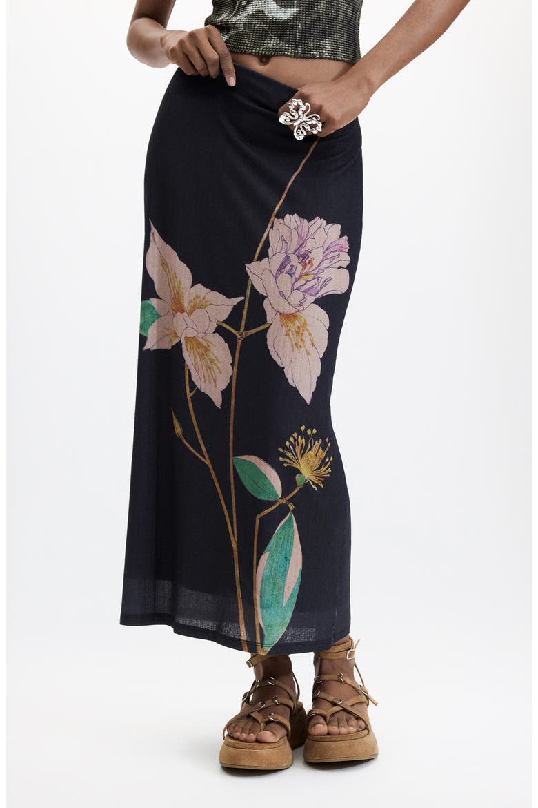 Floral Print Jersey Maxi Skirt, Main, color, BLACK