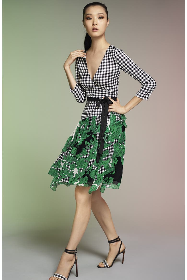 'Riviera' Gingham Print Silk Wrap Dress, Alternate, color, GREEN MULTI