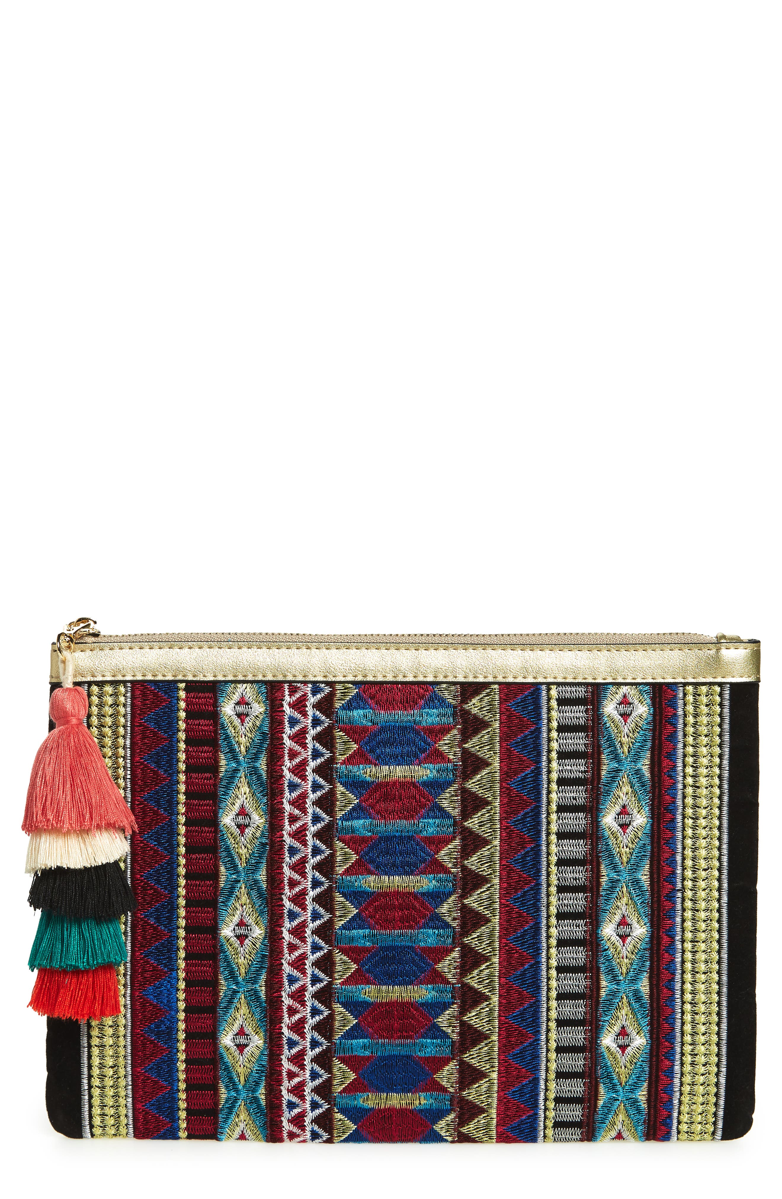 Joanne Embroidered Tassel Clutch, Main, color, GOLD