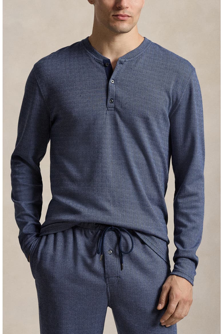 Herringbone Long Sleeve Henley Sleep Shirt, Alternate, color, NAVY HERRINGBONE STONE