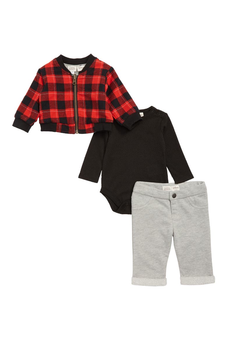 x Disney® Mickey Mouse® Reversible Bomber Jacket, Bodysuit & Pants Set, Main, color, RED/ BLACK