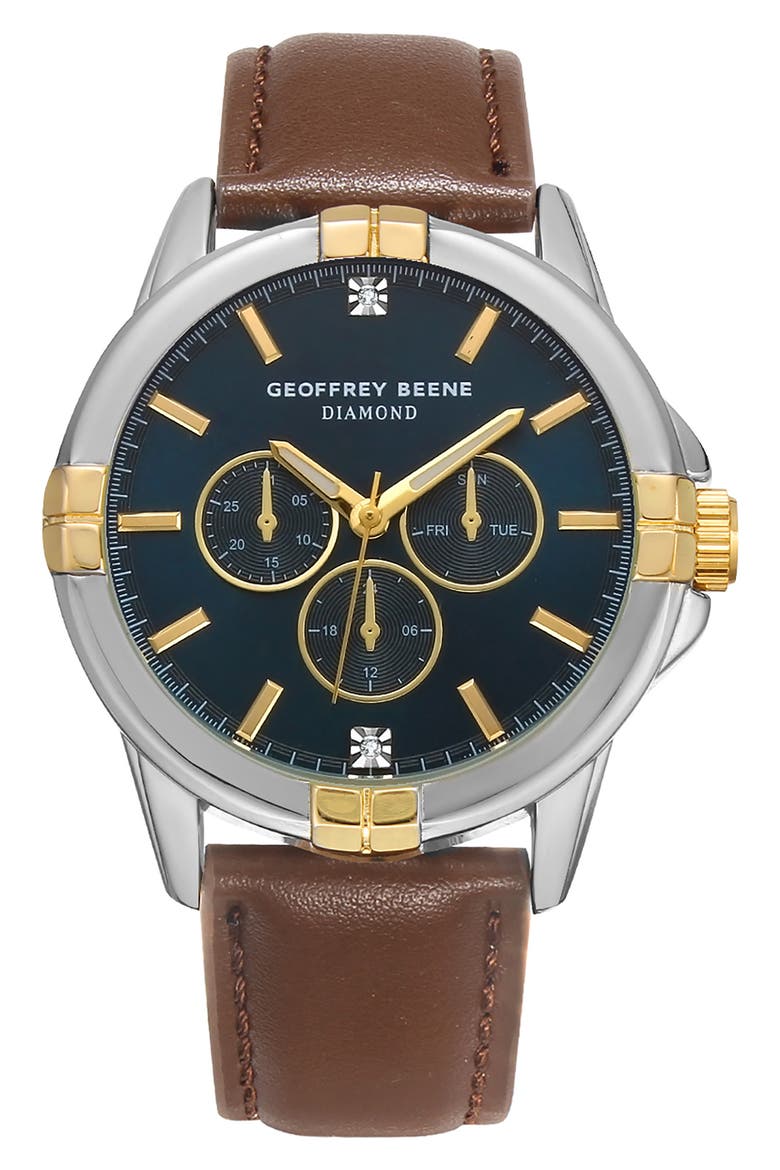Two-Tone Diamond Quartz Leather Strap Watch, 43mm, Main, color, SILVER