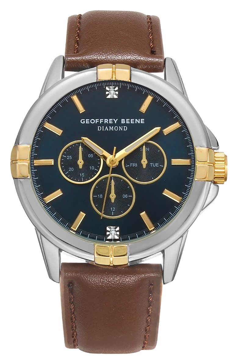 GEOFFREY BEENE Two-Tone Diamond Quartz Leather Strap Watch, 43mm, Main, color, Silver