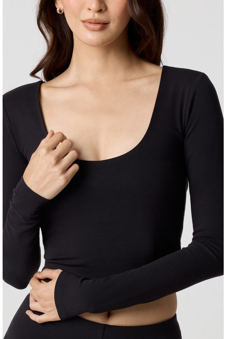Power Mesh Plunge Long Sleeve T-Shirt, Alternate, color, BLACK