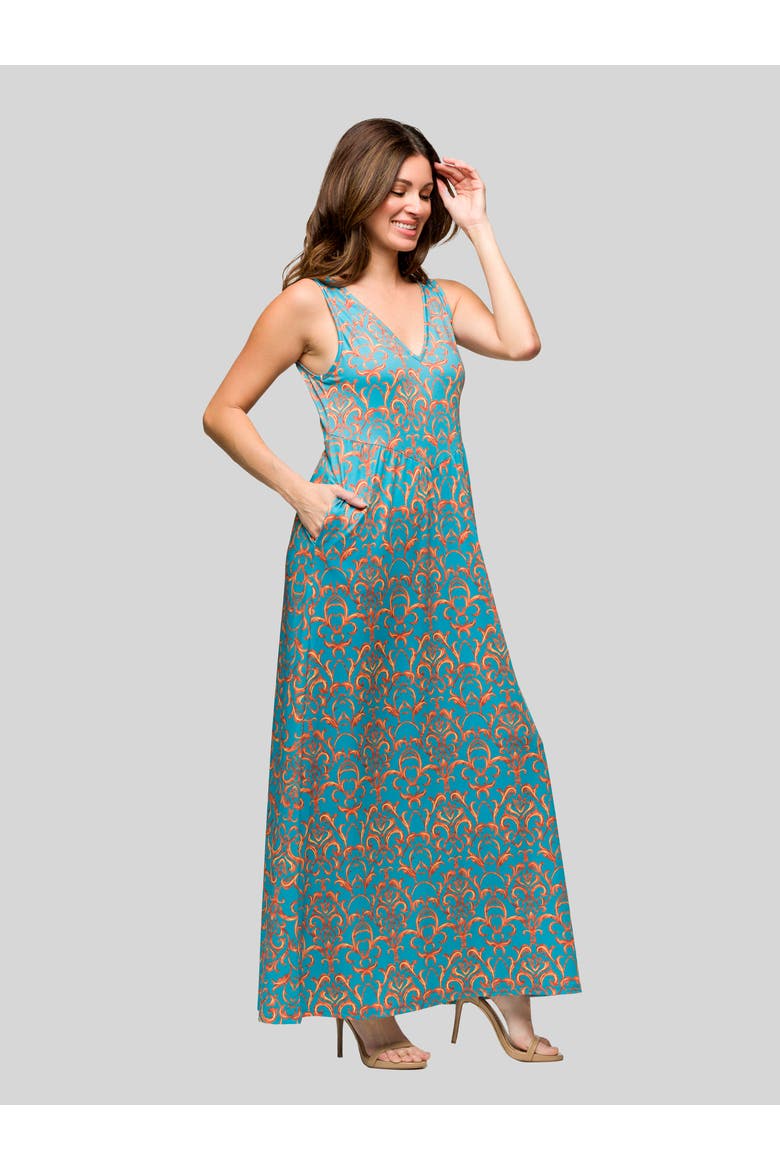 Sky Blue Sleeveless V-Neck Maxi Dress With Pockets, Alternate, color, Blue Multi