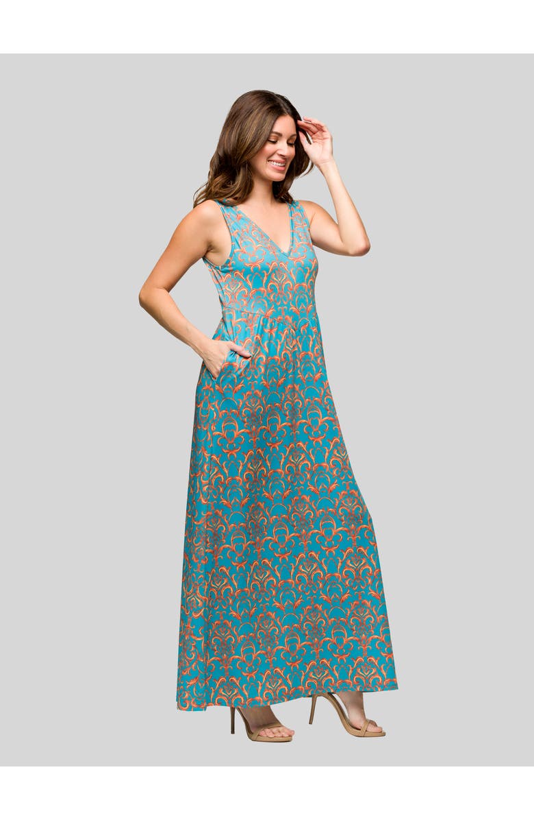 24seven Comfort Apparel Sky Blue Sleeveless V-Neck Maxi Dress With Pockets, Alternate, color, Blue Multi