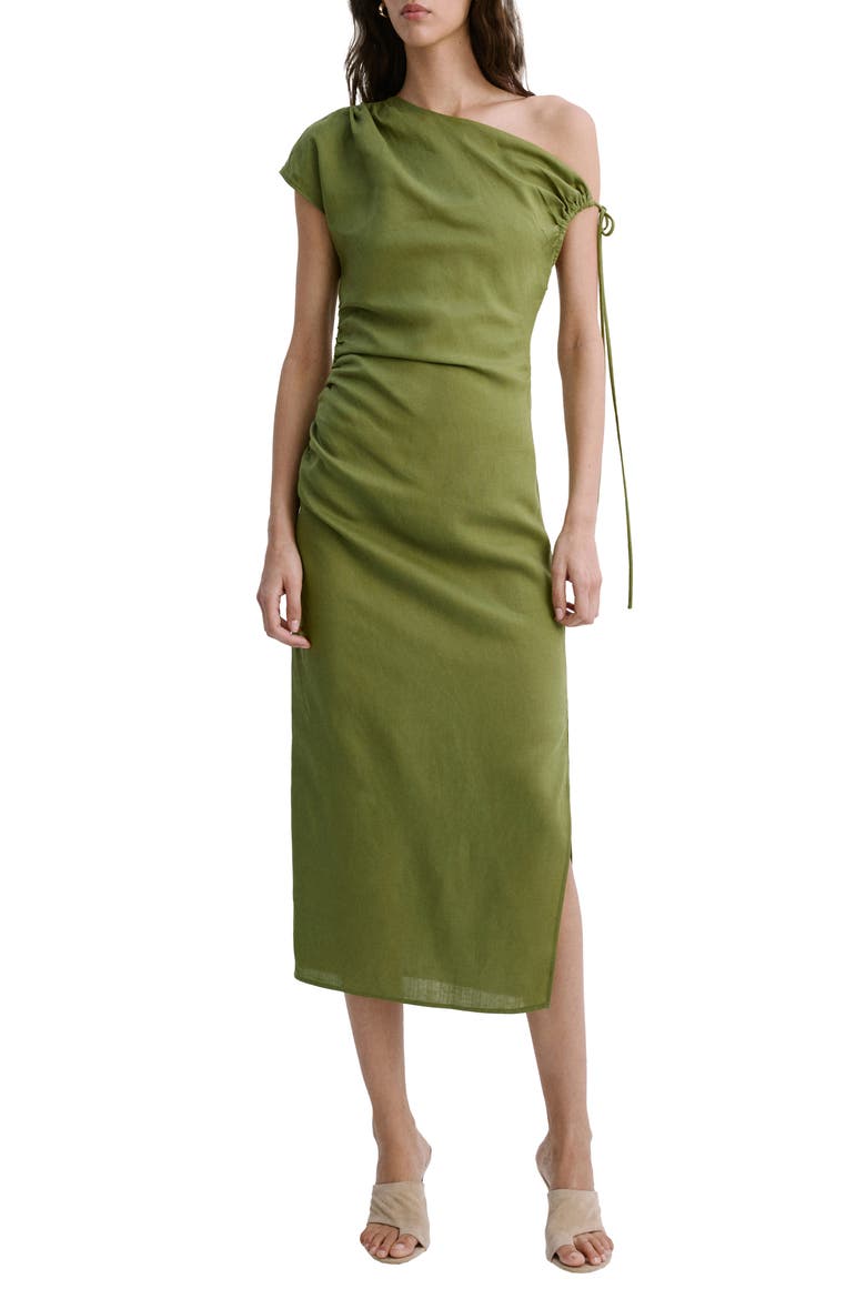 Side Ruched One-Shoulder Midi Dress, Main, color, GREEN