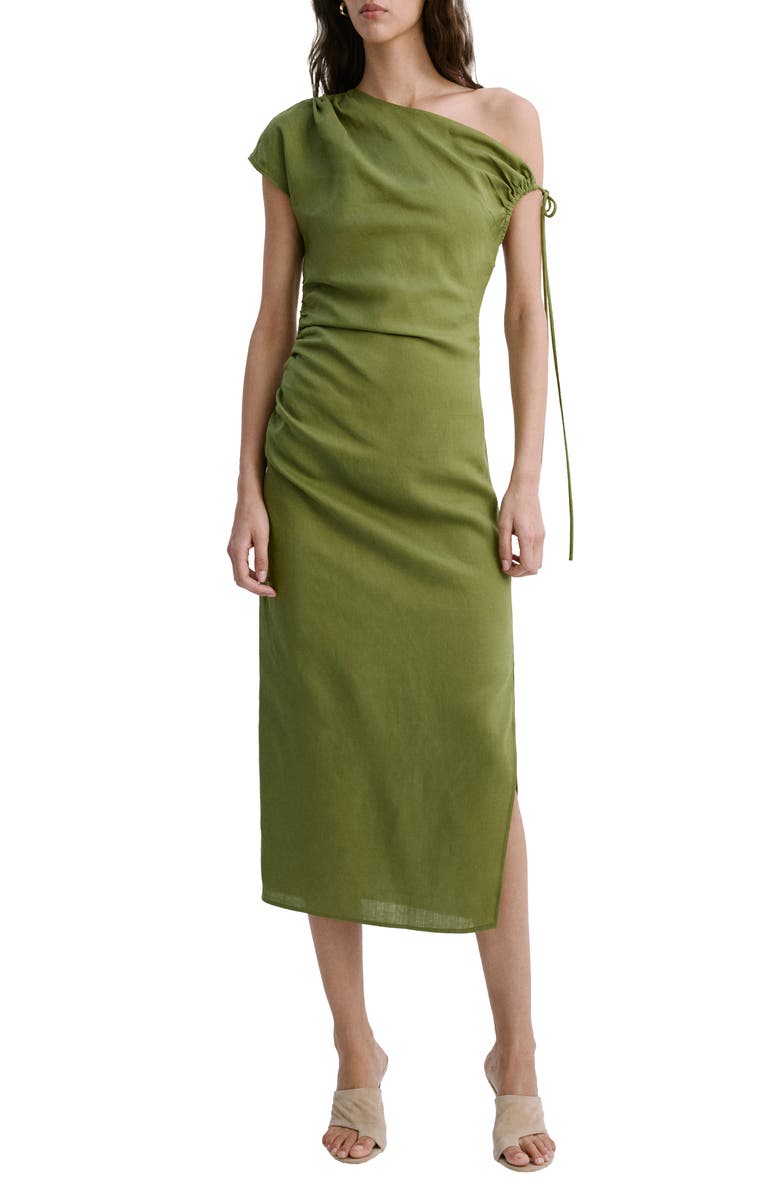 MANGO Side Ruched One-Shoulder Midi Dress, Main, color, Green