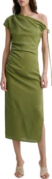 MANGO Side Ruched One-Shoulder Midi Dress