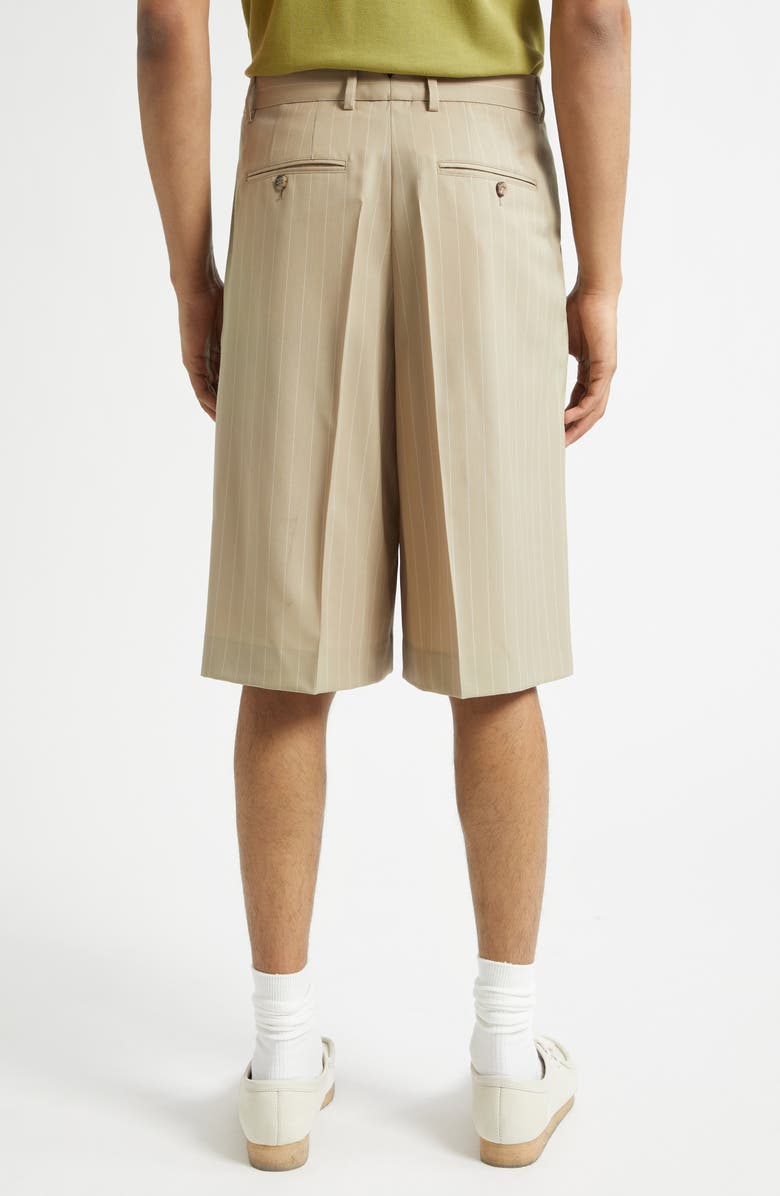 AMI PARIS Pleated Pinstripe Wide Leg Wool Gabardine Bermuda Shorts, Alternate, color, Beige Taupe/ Blanc Creme