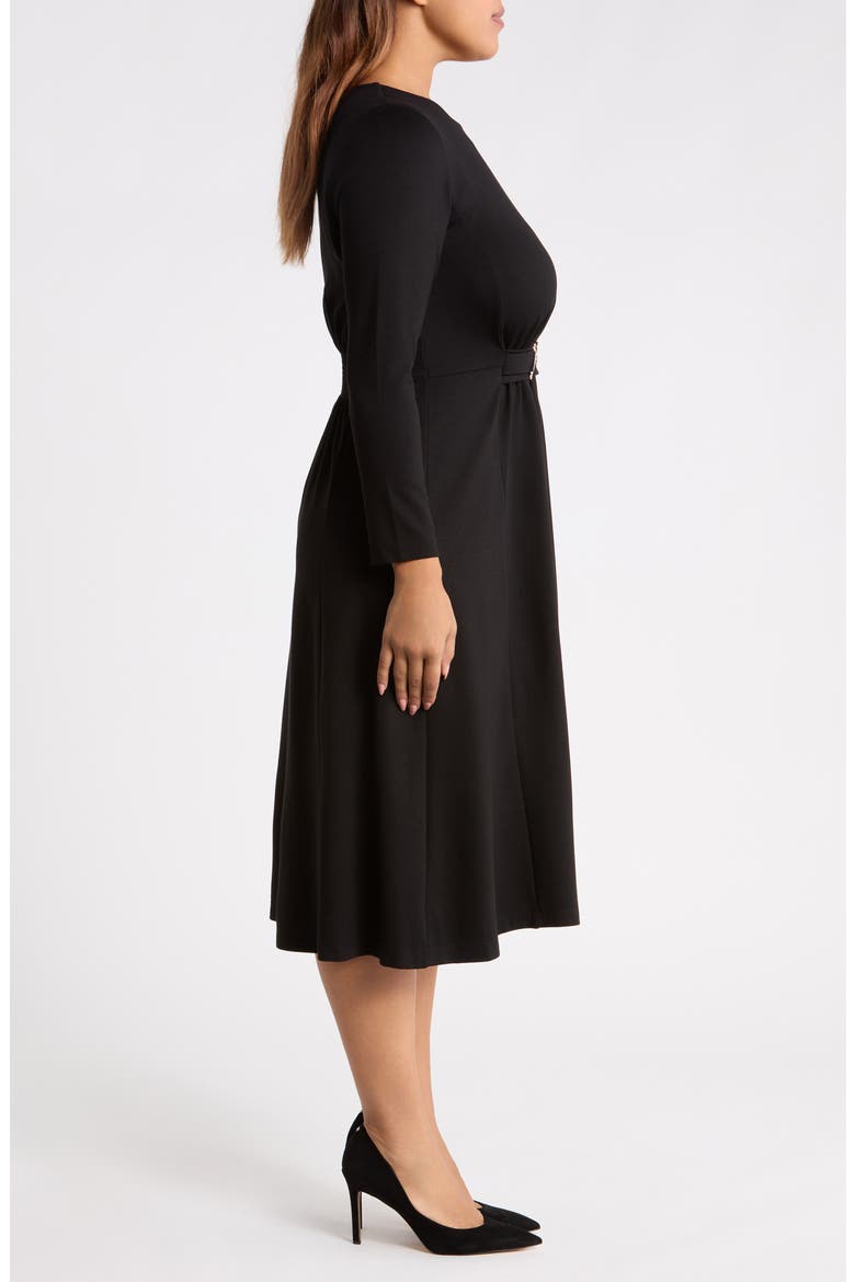 Accent Waist Long Sleeve Midi Dress, Alternate, color, BLACK