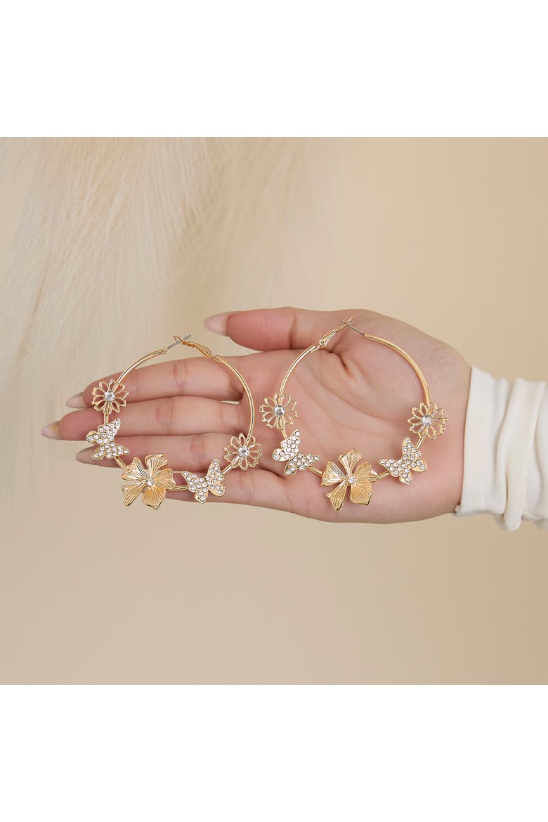 Flower and Butterlfy Hoop Earrings, Alternate, color, Gold