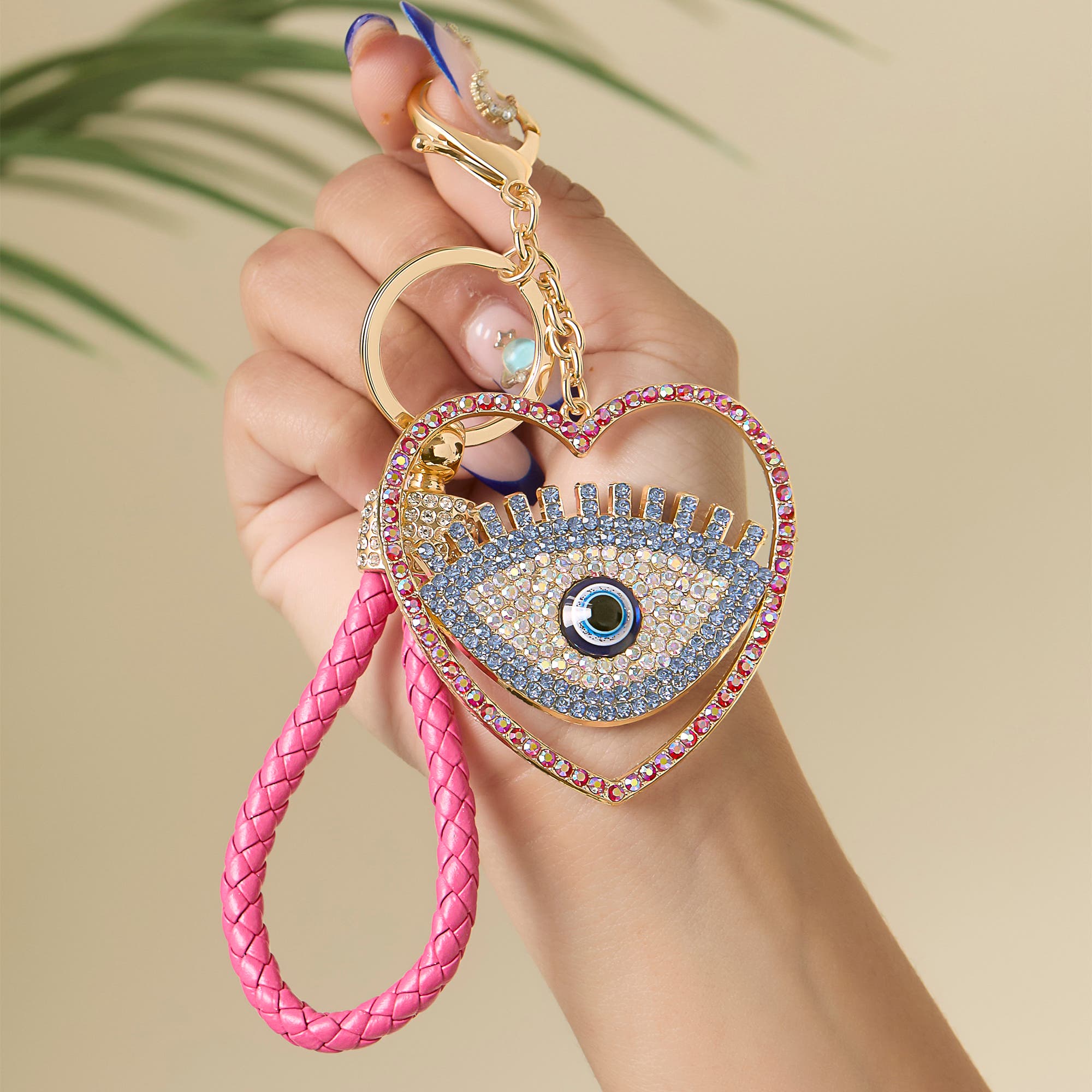 Jessica Simpson Evil Eye Heart Keychain with Pink Strap, Alternate, color, Multicolor/Pink