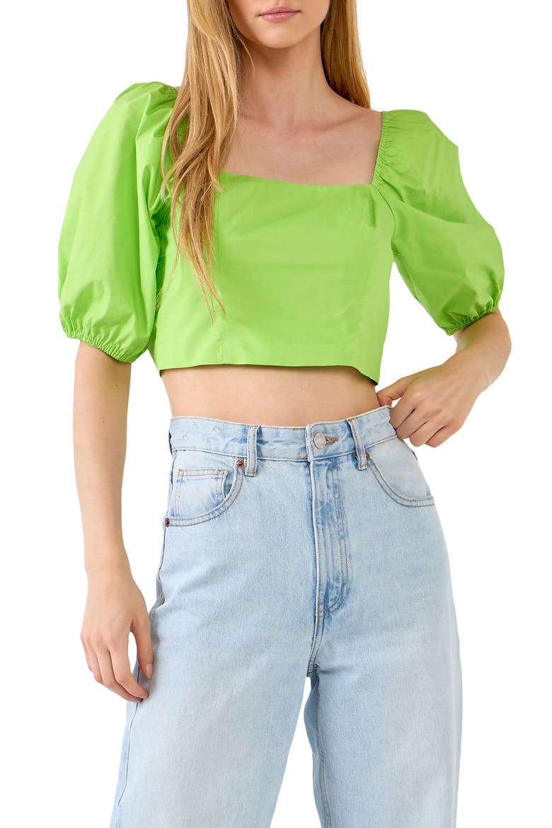 Puff Sleeve Bow Back Crop Top, Main, color, GREEN