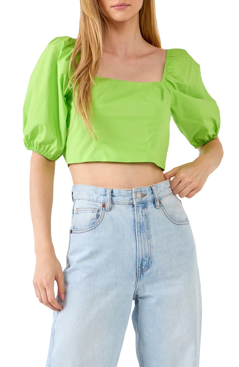 English Factory Puff Sleeve Bow Back Crop Top, Main, color, Green