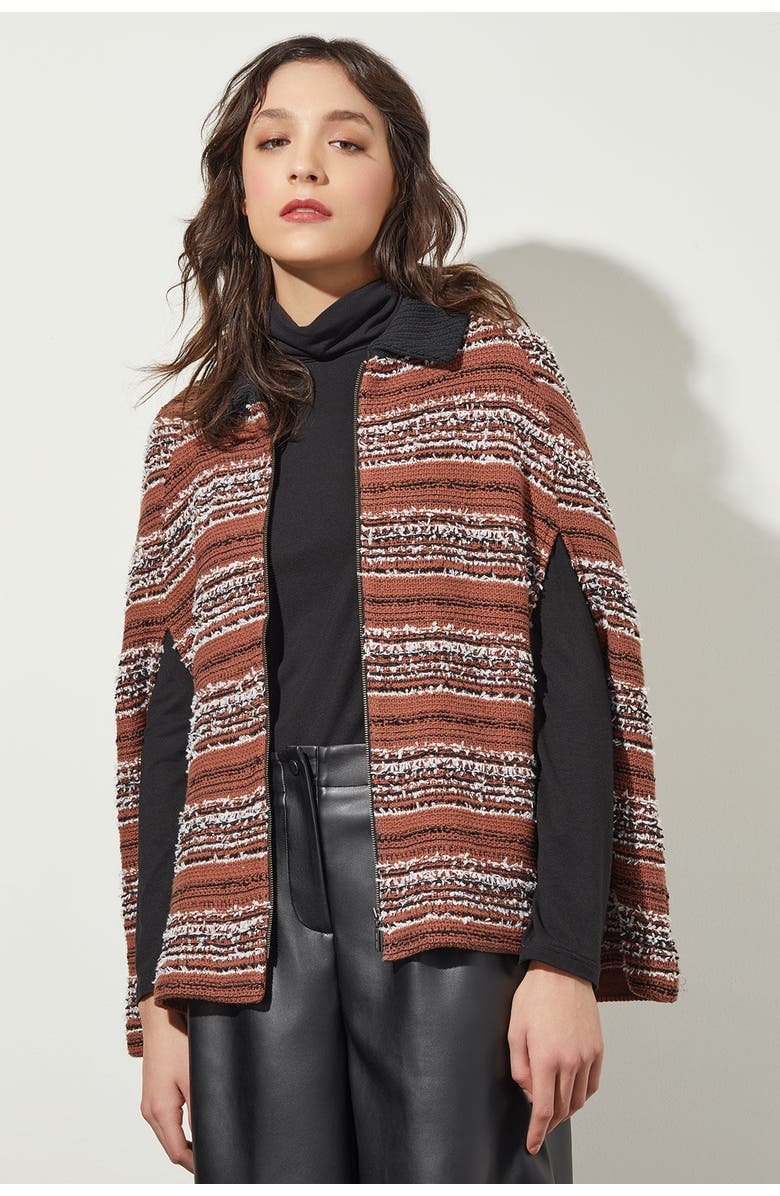 Ming Wang Collared Zip Front Cozy Knit Cape, Main, color, Chestnut/Black/Ivory