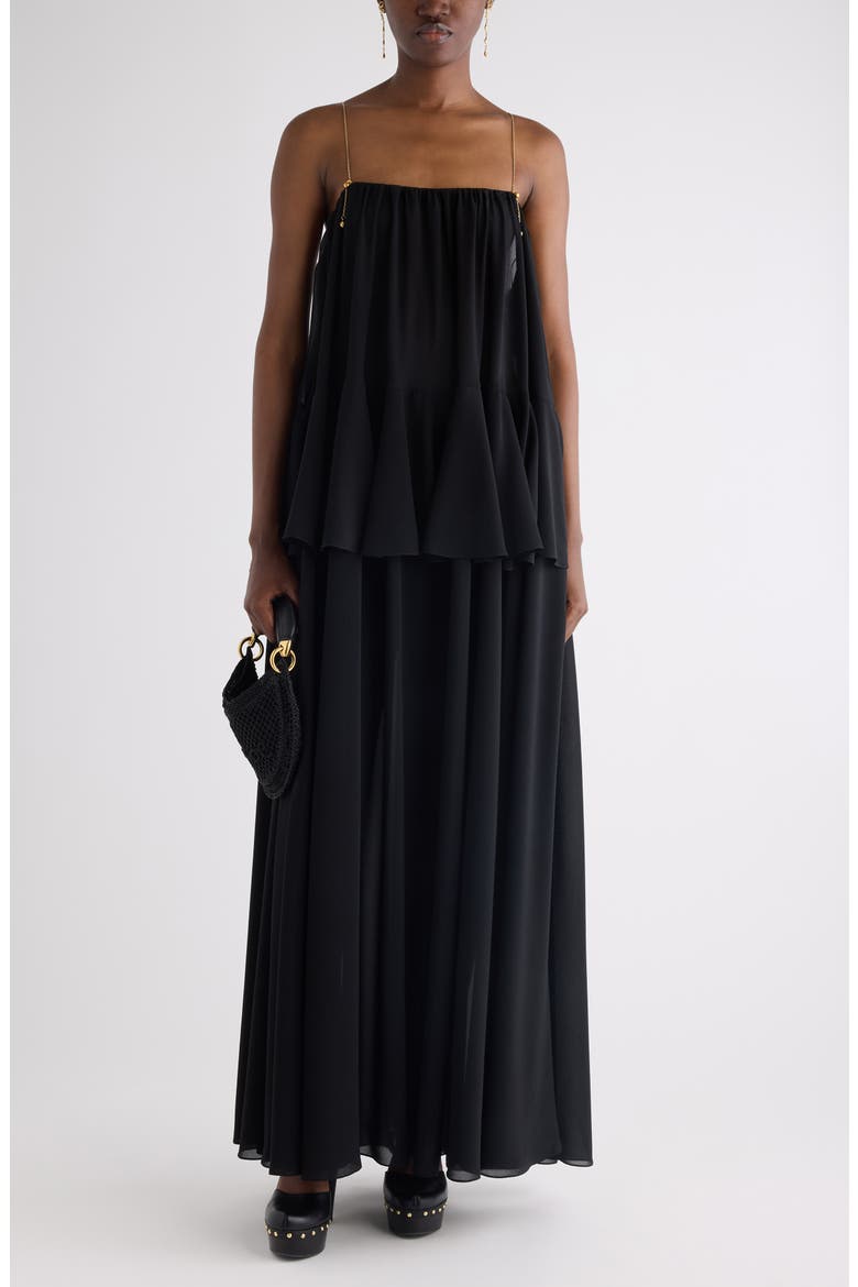 Chain Strap Peplum Silk Georgette Maxi Dress, Alternate, color, BLACK