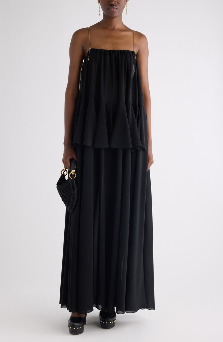 Chloé Chain Strap Peplum Silk Georgette Maxi Dress, Alternate, color, Black