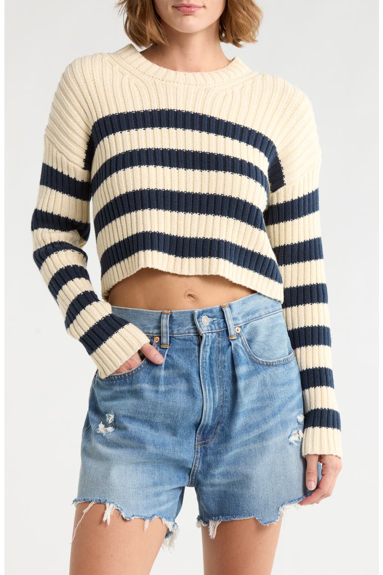 Striped Ribbed Cropped Sweater, Main, color, ECRU/ NAVY