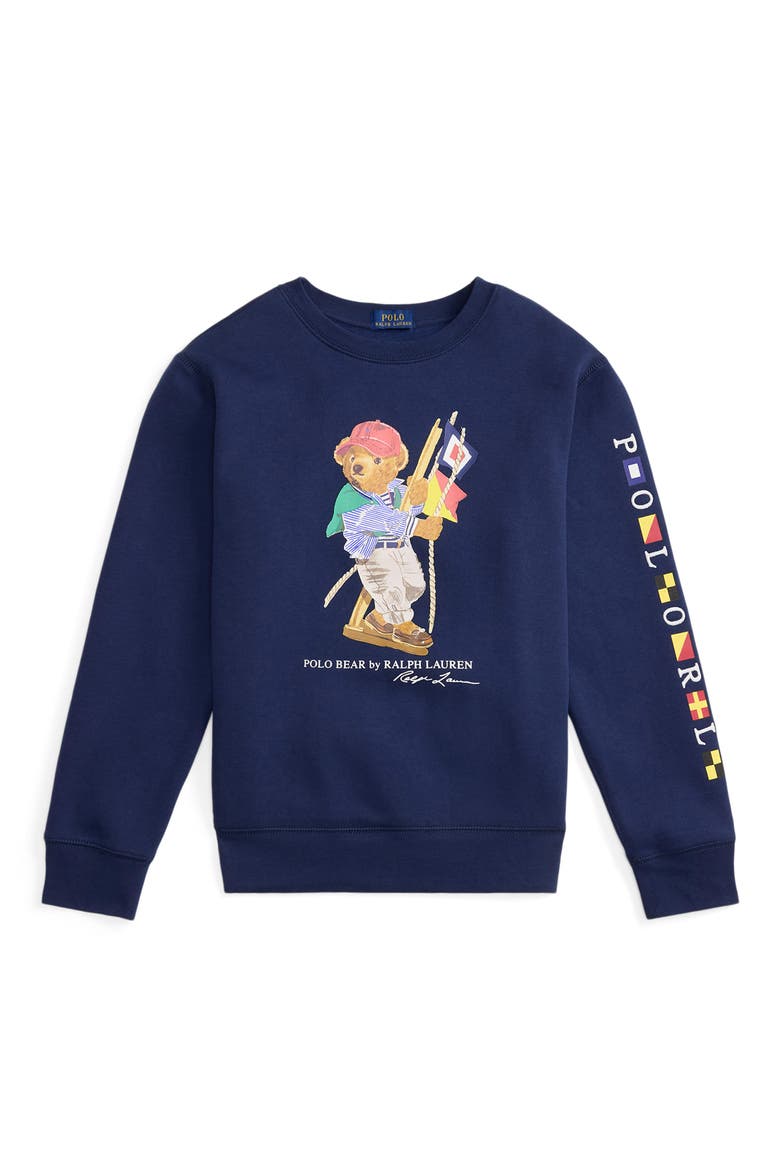 Kids' Polo Bear Fleece Crewneck Sweatshirt, Main, color, NEWPORT NAVY