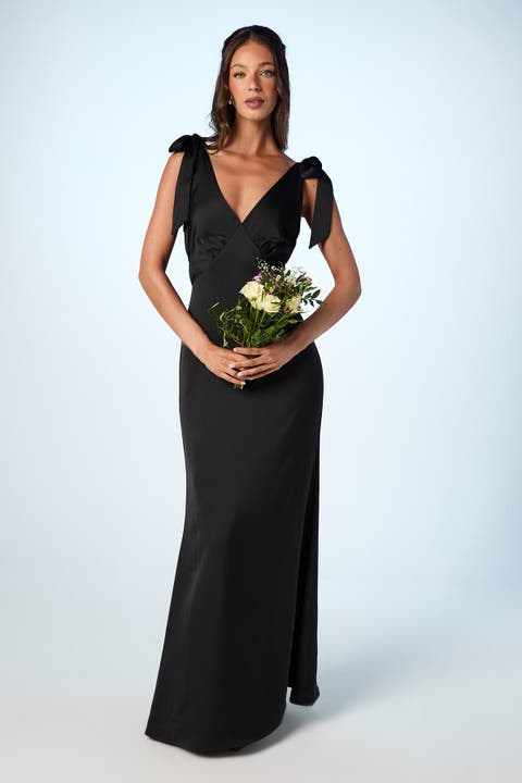 Satin Tie Shoulder Maxi Bridesmaid Dress