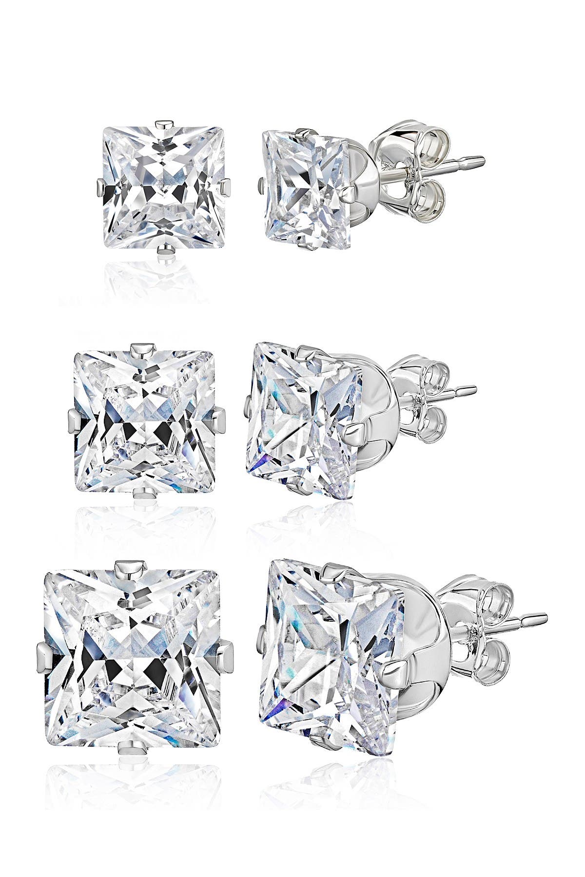 BEST SILVER Sterling Silver Princess-Cut CZ Stud Earring Set