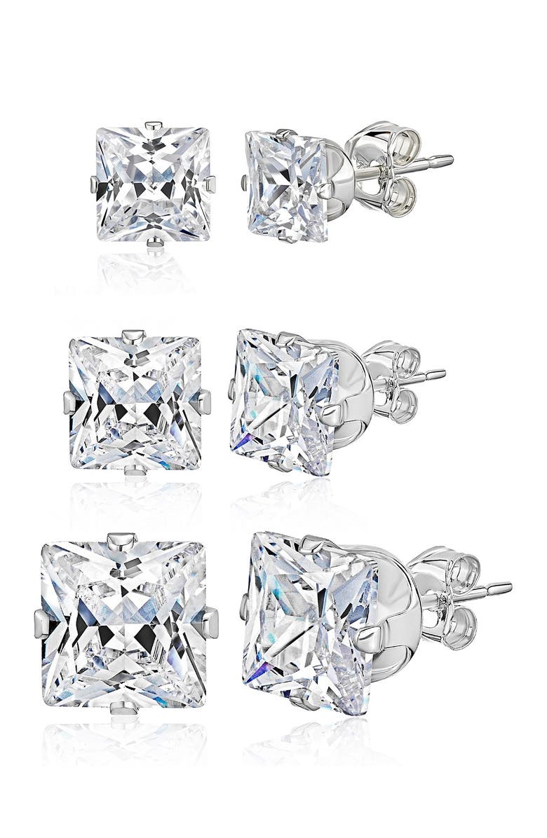 BEST SILVER Sterling Silver Princess-Cut CZ Stud Earring Set, Main, color, Silver