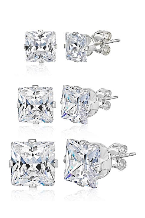 Sterling Silver Princess-Cut CZ Stud Earring Set