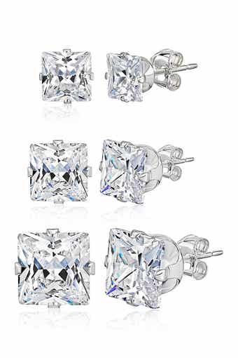 BEST SILVER Sterling Silver Princess-Cut CZ Stud Earring Set