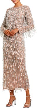 Mac Duggal Long Sleeve Midi Dress with Embellished Fringe