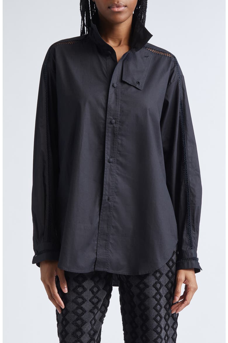 Tab Embroidered Cotton Poplin Button-Up Shirt, Main, color, BLACK