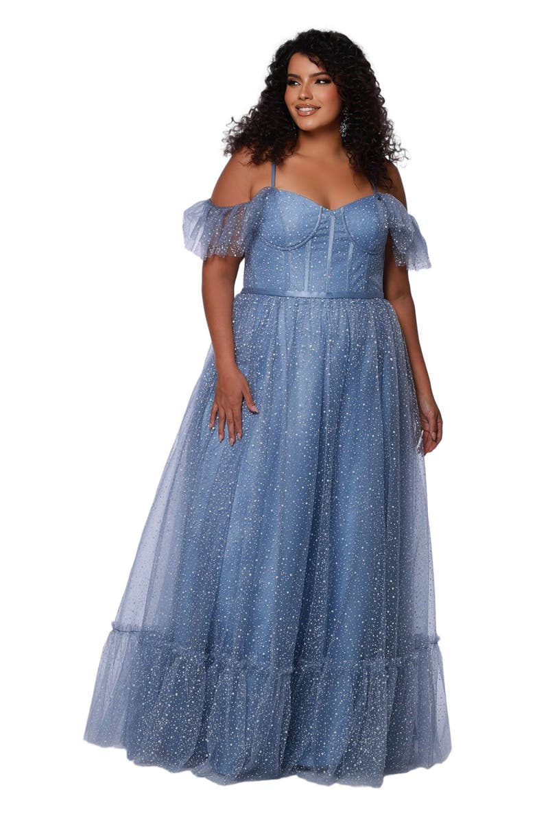 Sydney's Closet V-Neckline Flutter Sleeve Slim A-line Plus Size Gown, Main, color, Dusty Blue