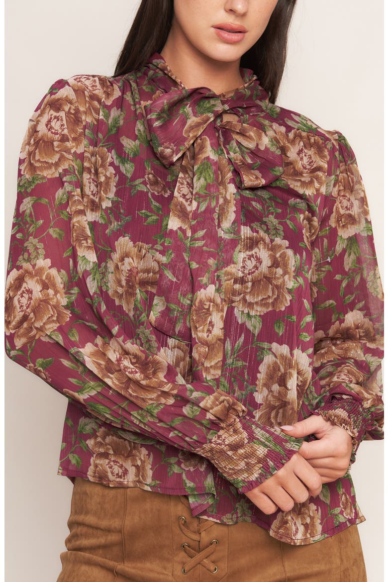 Floral Tie Neck Top, Alternate, color, BURGUNDY