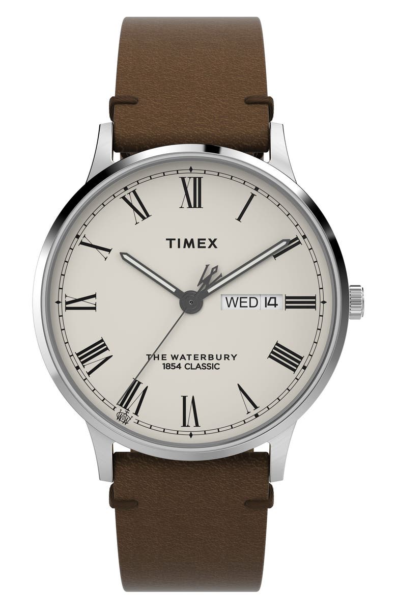 Timex<sup>®</sup> Waterbury Classic Leather Strap Watch, 40mm, Main, color, Brown