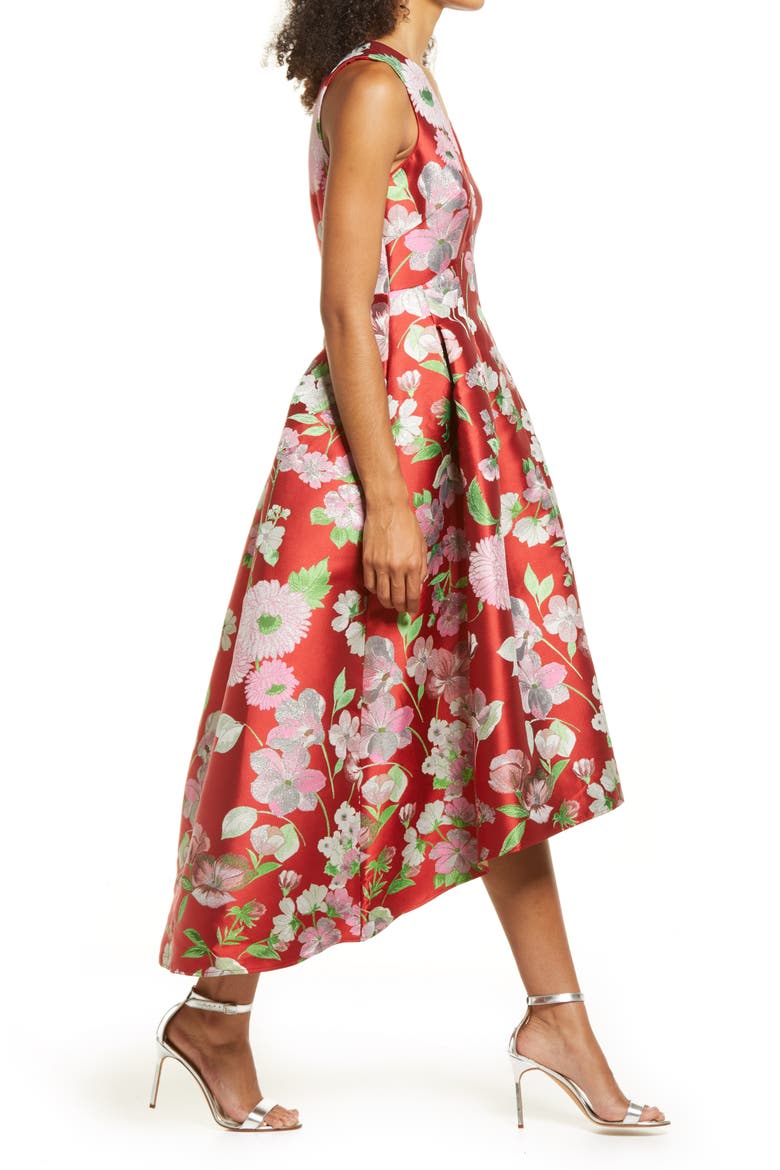 Floral Metallic Jacquard Cocktail Dress, Alternate, color, RED