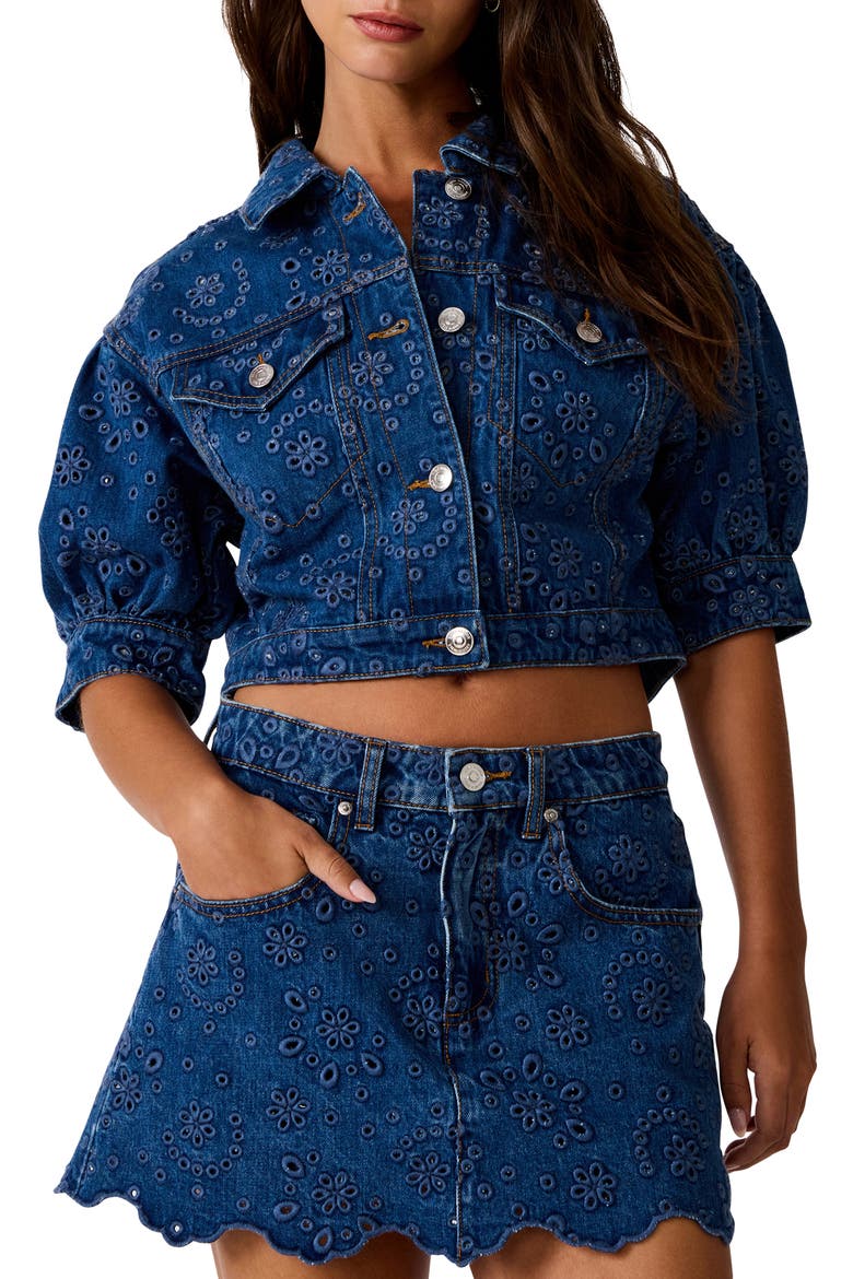Serafina Crop Denim Eyelet Jacket, Main, color, BLUE DEPTHS
