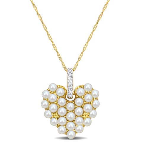 Cultured Pearl & Diamond Heart Necklace 14k