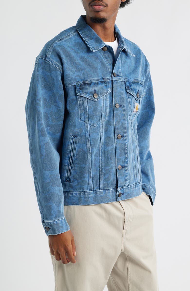 Carhartt Work In Progress Duck Camo Print Organic Cotton Denim Trucker Jacket, Alternate, color, Camo Blue Bleached