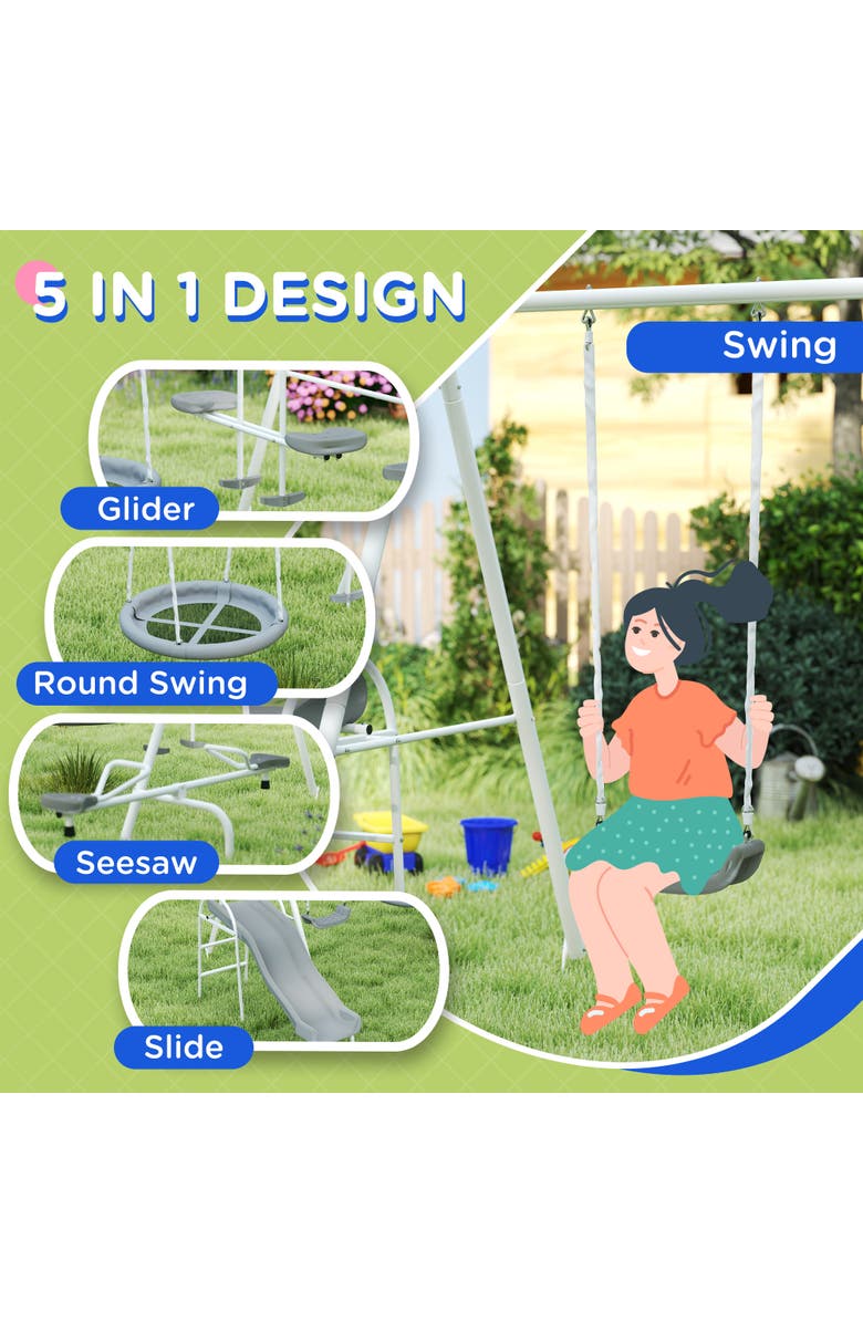 Outsunny 5-in-1 Backyard Swing Set with 29.5" Saucer Swing, Slide, Seesaw, Glider, Swing Seat, Alternate, color, 