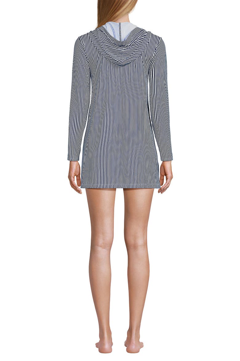 Cotton Jersey Long Sleeve Hooded Swim Cover-up Dress, Alternate, color, Deep Sea Navy Mini Stripe