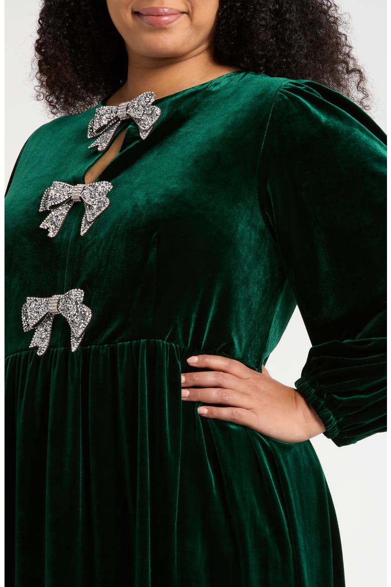 Jena Glow Bow Long Sleeve Velvet Midi Dress, Alternate, color, EMERALD