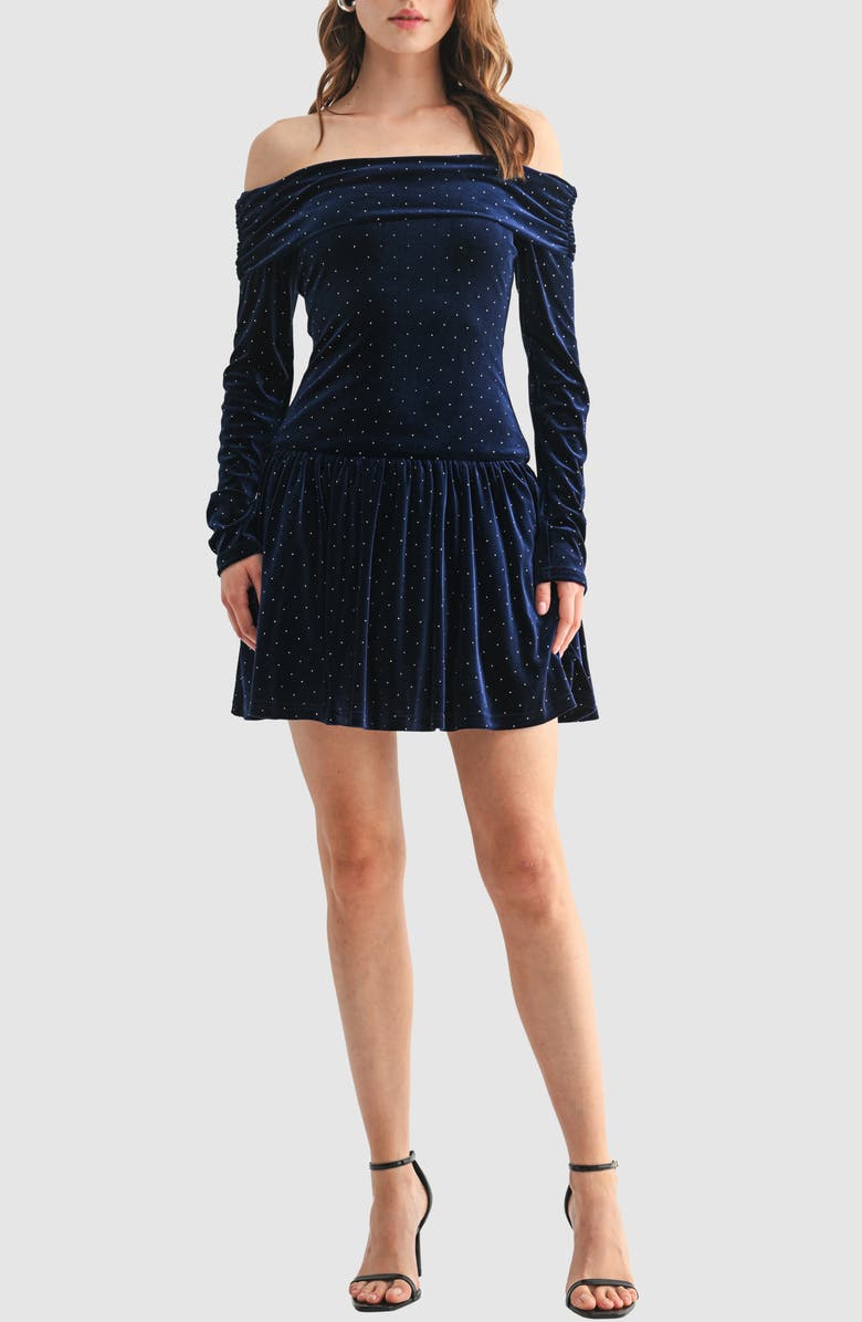 Lush Off the Shoulder Long Sleeve Rhinestone Velvet Minidress, Main, color, Navy