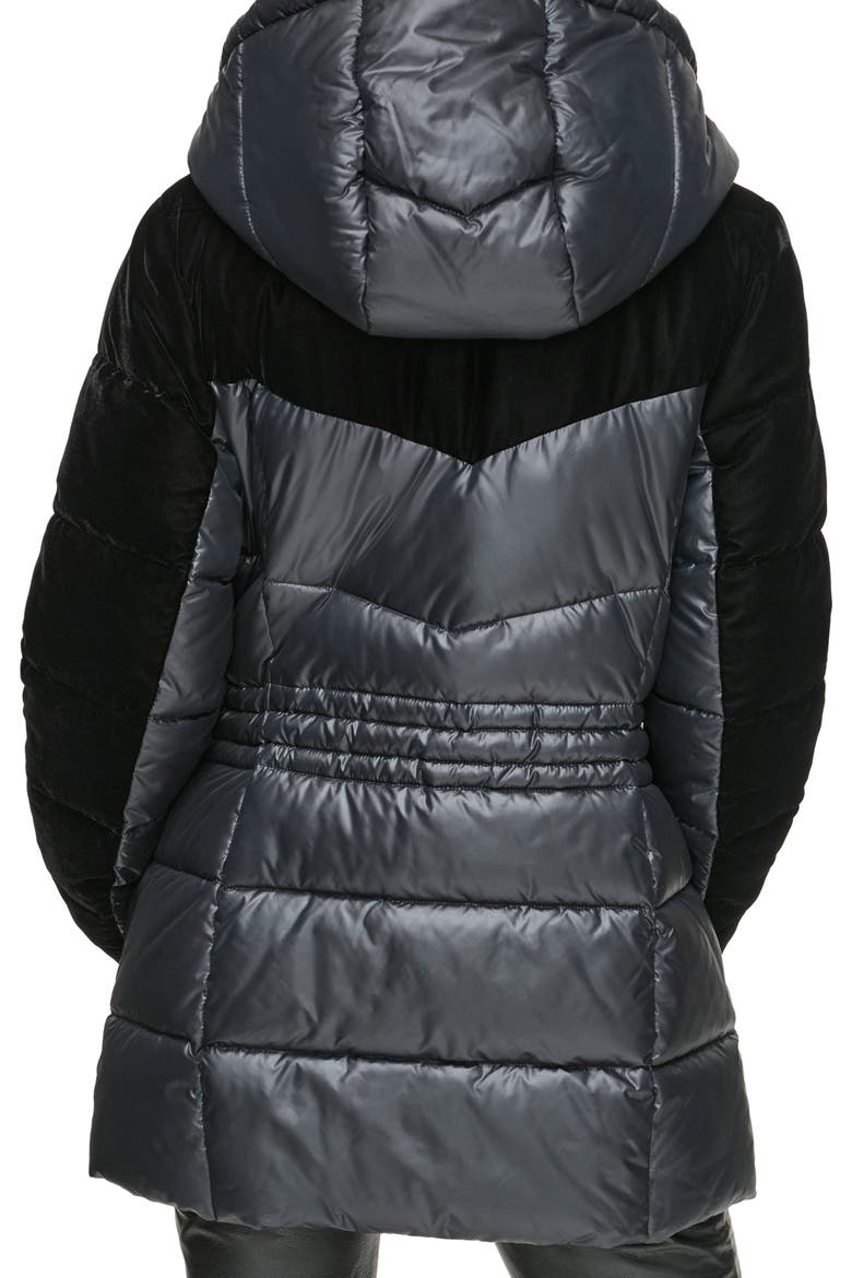 Velvet Panel Hooded Puffer Jacket, Alternate, color, BLACK