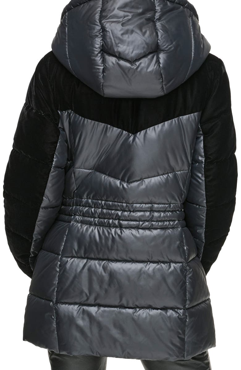 Andrew Marc Velvet Panel Hooded Puffer Jacket, Alternate, color, Black