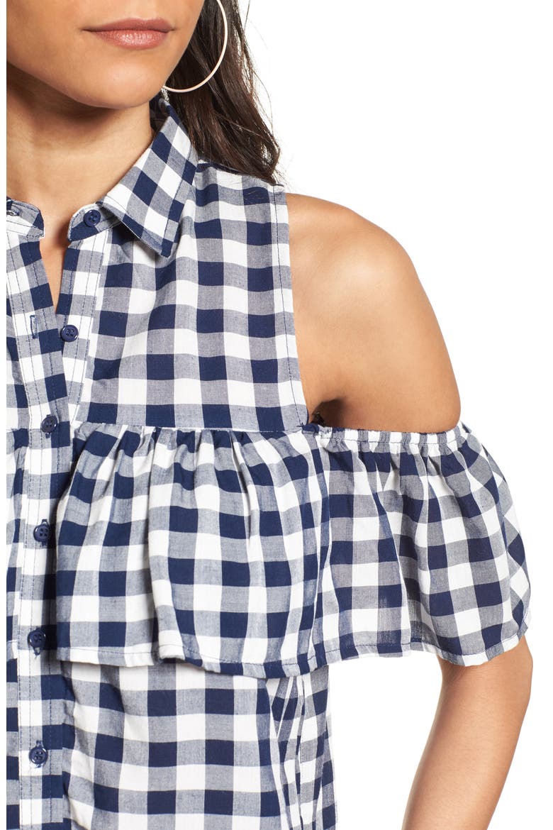Gingham Cold Shoulder Top, Alternate, color, BLUE/ WHITE GINGHAM