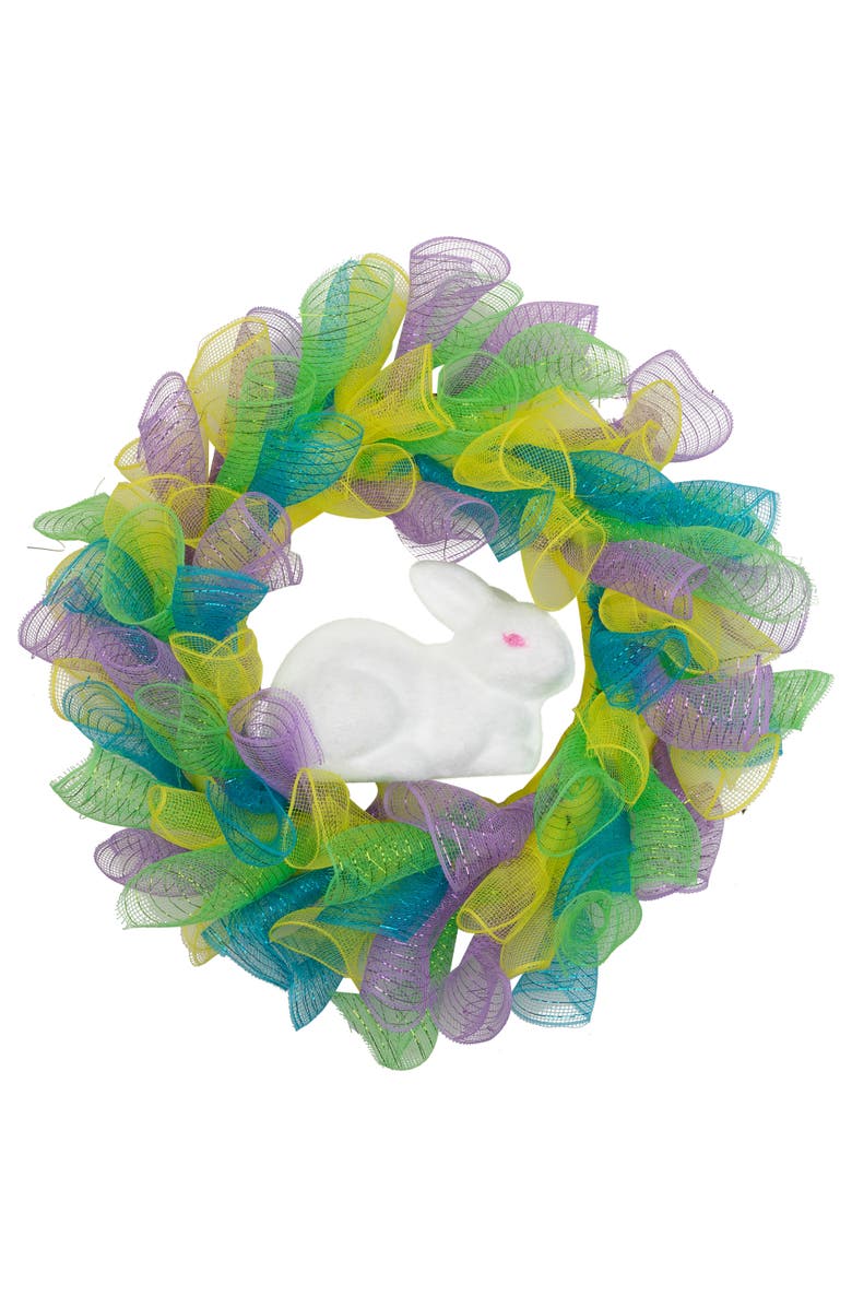 Northlight Pastel Deco Mesh Ribbon Easter Bunny Wreath - 24", Main, color, Yellow