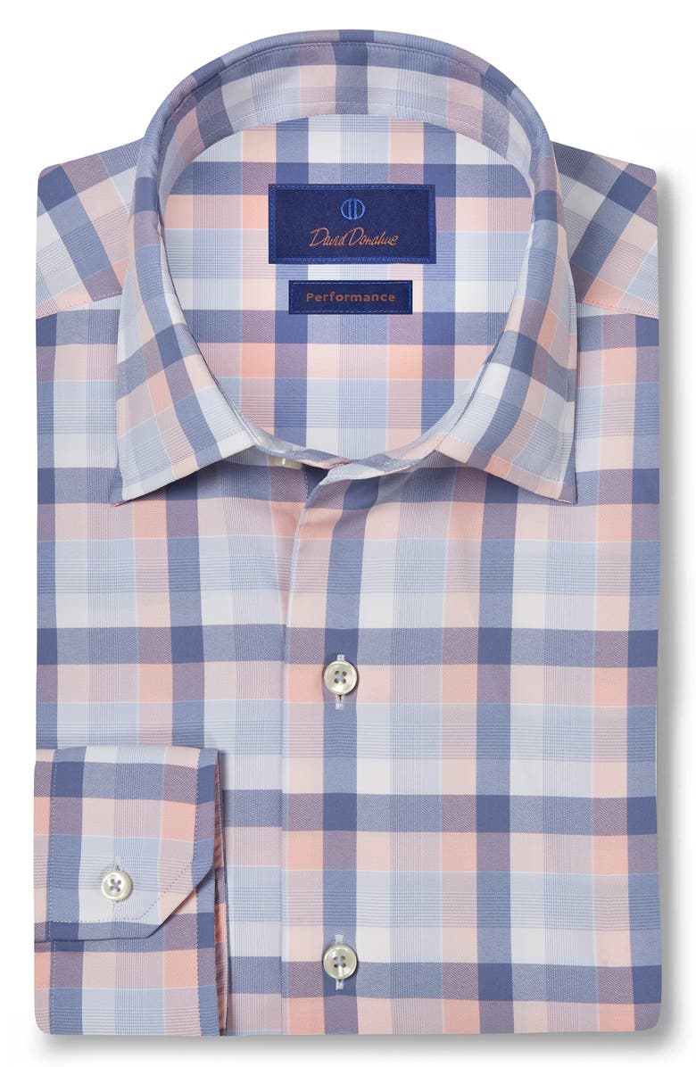 David Donahue Plaid Performance Sport Shirt, Alternate, color, Blue/ Melon