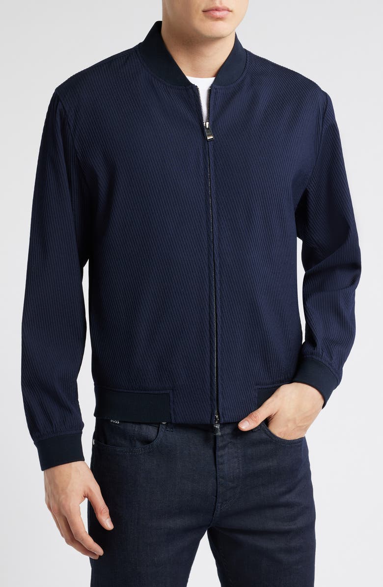 BOSS Hanry Stretch Virgin Wool Blend Bomber Jacket, Alternate, color, Dark Blue